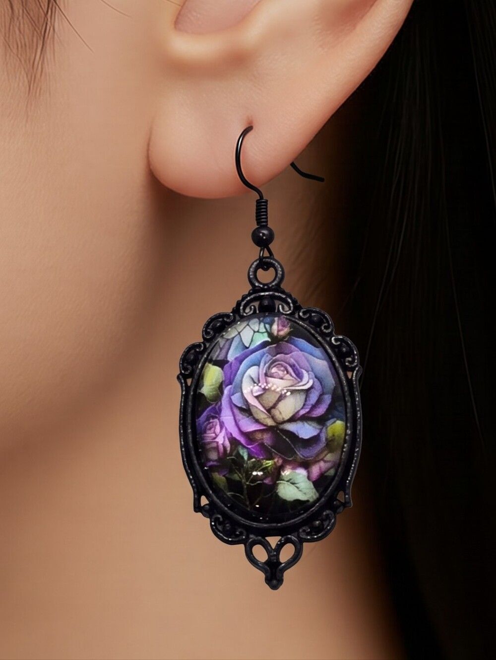 Mosaic Purple Rose Portrait Cabochon Black Earrings Glass Dome Victorian Goth